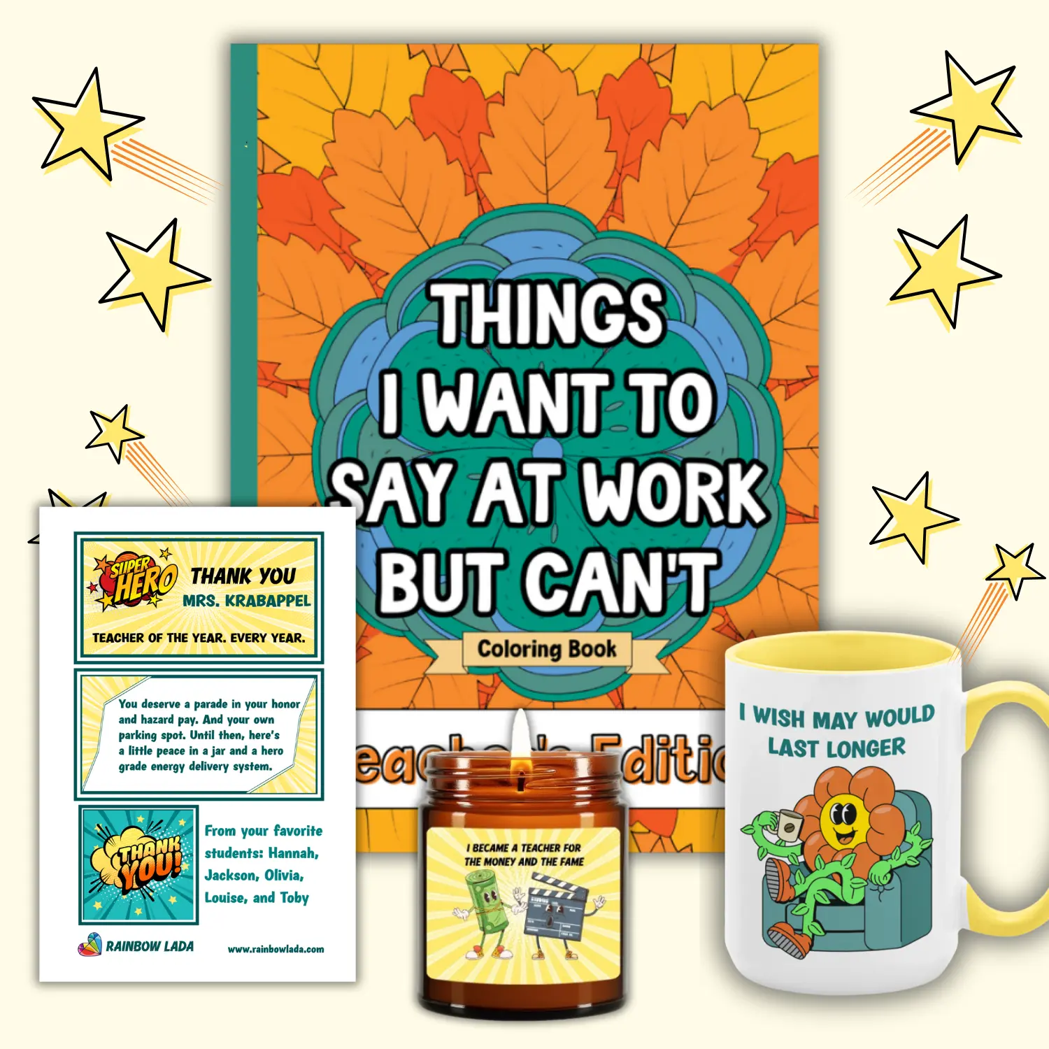 Funny Teacher Luxury Gift Set: Coloring Book, May Last Forever Mug and Fame and Money Candle